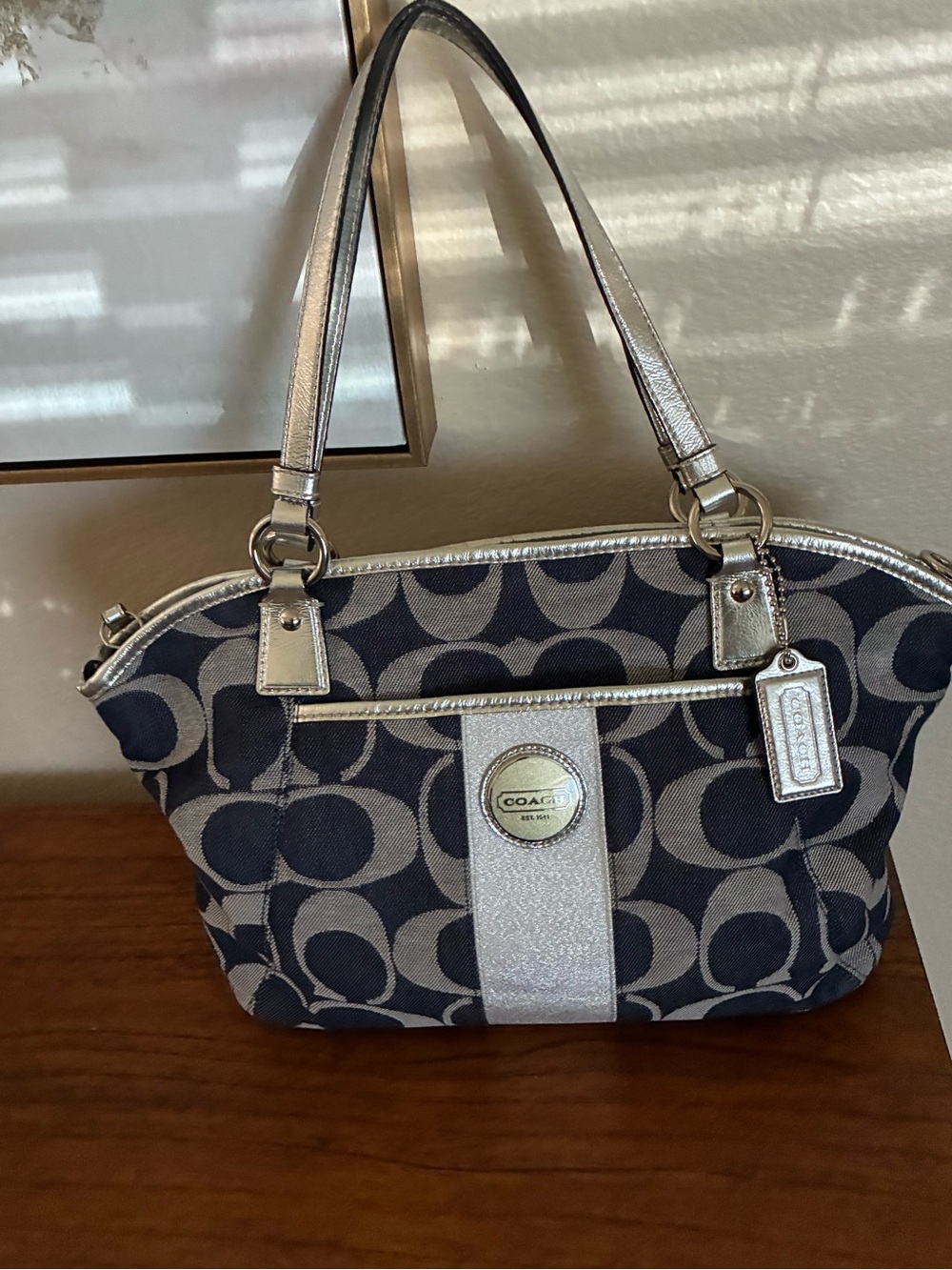COACH Navy Signature Denim Canvas Tote with Silver Accents - Picture 1 of 8